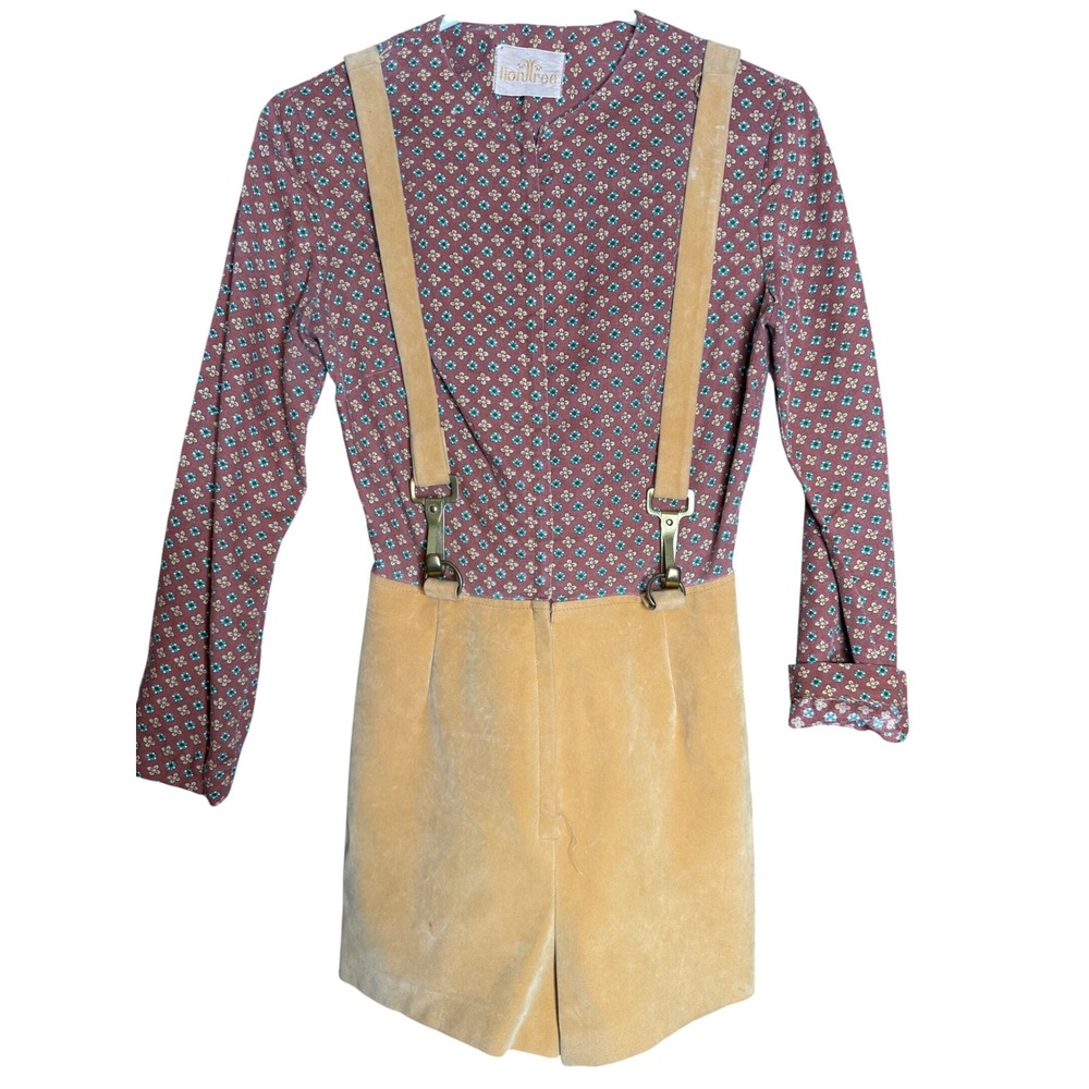 Lion Tree Vintage 70s Style Floral Velvet Suspender Romper Mustard Rust Brown